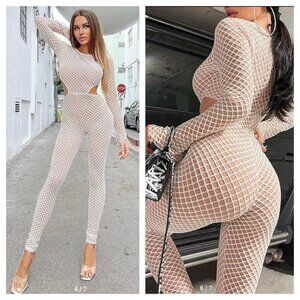 My Posh Fishnet Mesh Sexy Cut Out Long Sleeve Jumpsuit White Nude Size L